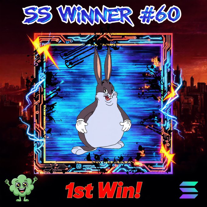 A promotional graphic announcing "SS WINNER #60" and "1st Win!" featuring a cartoon Bugs Bunny in a neon cyberpunk frame, celebrating the 60th day of the SMURF SPOTLIGHT V2 winner announcement.
