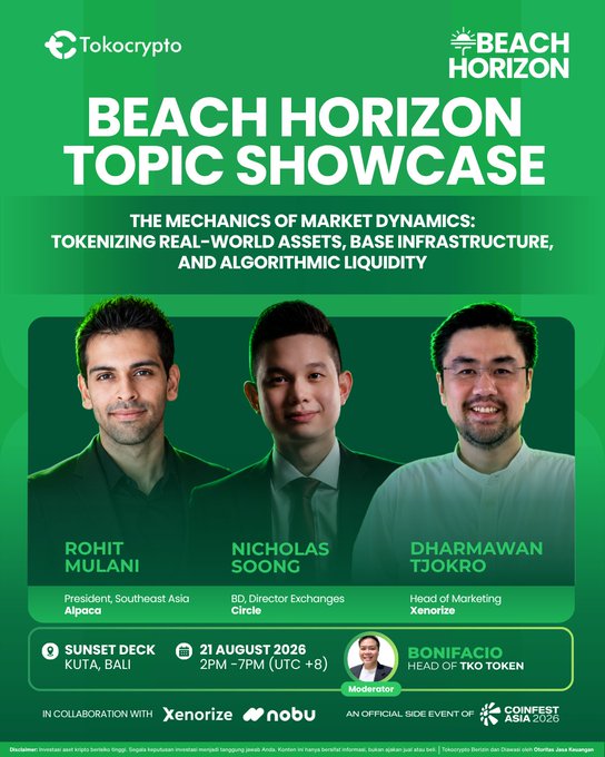 Promotional graphic for the "BEACH HORIZON TOPIC SHOWCASE" event by Tokocrypto and Beach Horizon, featuring speakers Rohit Mulani (President, Southeast Asia, Alpaca), Nicholas Soong (BD Director Exchanges, Circle), and Dharmawan Tjokro (Head of Marketing, Xenorize), moderated by Bonifacio, Head of TKO Token, scheduled for 21 August 2026, 2PM-7PM (UTC+8) at Sunset Deck, Kuta, Bali, as an official side event of Coinfest Asia 2026. The image aligns with the accompanying post by highlighting the panel's focus on "The Mechanics of Market Dynamics: Tokenizing Real-World Assets, Base Infrastructure, and Algorithmic Liquidity."