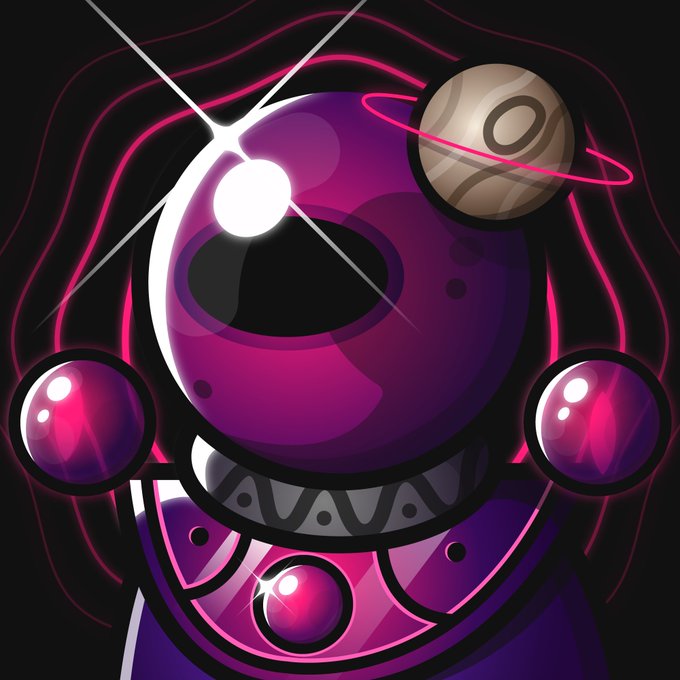 A stylized cartoon character with a single large glowing eye, sharp jagged teeth, and floating pink orbs around it, set against a dark background with radiating pink energy waves. The intense, otherworldly aesthetic of the character reflects the bold, visionary theme suggested by the SpaceRidersXYZ post, visually echoing a sense of cosmic power and focus.