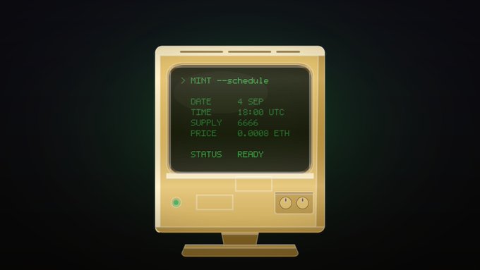 A vintage-style computer monitor displays a green-text terminal interface announcing an upcoming NFT mint schedule, with key details reading "DATE: 4 SEP," "TIME: 18:00 UTC," "SUPPLY: 6666," "PRICE: 0.0008 ETH," and "STATUS: READY," visually echoing the accompanying post's mint announcement for an ETH-based OpenSea collection.