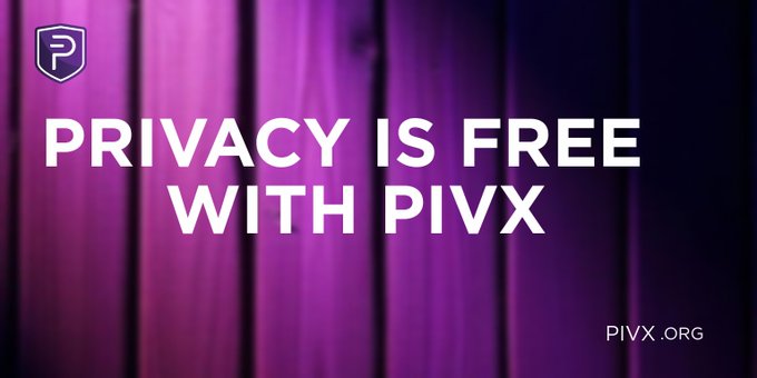 A promotional graphic for PIVX cryptocurrency features the text 'PRIVACY IS FREE WITH PIVX' in large white letters on a purple curtain background, with 'PIVX.ORG' in the corner.