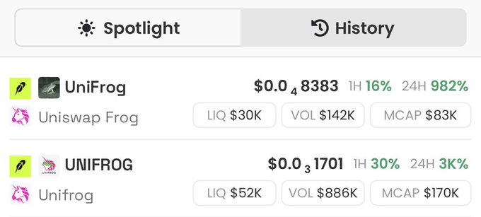 A cryptocurrency tracking dashboard displaying two competing "UniFrog" tokens ($0.048383 with 982% 24H gain and $0.031701 with 3K% 24H gain), illustrating the post's reference to two similar meme tokens racing each other in price volatility, with contract addresses provided for both Uniswap Frog tokens.