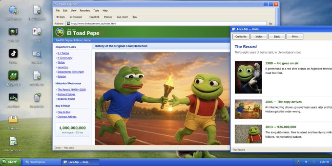 A vintage Windows XP-style desktop displays a fictional "$TOAD" meme website (thetoadmeme.com) featuring two anthropomorphic toad characters holding a torch on a running track, with a "ToadLog" sidebar showing fake historical entries from 1988 to 2013. The page promotes the satirical $TOAD cryptocurrency meme, styled as an "Original Toad Memecoin" with a supposed market cap of "1,000,000,000."