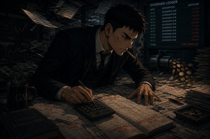 A stylized digital illustration of a tired man in a suit smoking a cigarette while writing at a desk cluttered with papers and ledgers, with a screen showing a "DIVIDENDS LEDGER" with negative outflows totaling +105,300.00.
