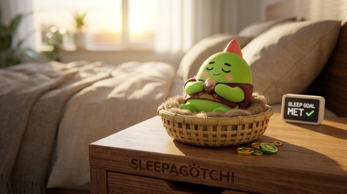 A 3D-rendered image of a green, goblin-like character wearing a red cape and horn resting in a woven basket on a nightstand labeled 'SLEEPAGOTCHI', next to a digital clock displaying 'SLEEP GOAL MET' in a sunlit bedroom.