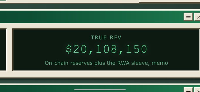 A digital display shows "TRUE RFV $20,108,150" with the subtitle "On-chain reserves plus the RWA sleeve, memo," celebrating the $NET community's treasury milestone as referenced in the post congratulating @netnetcap on achieving a $20 million treasury.