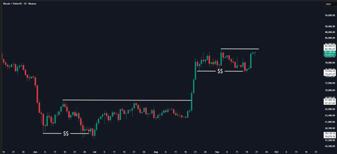 A Bitcoin/USD daily candlestick chart on TradingView showing price action with support levels ($$) marked on the chart.