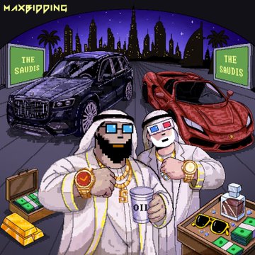 A vibrant digital art piece labeled 'MAXBIPPING' depicting two Arab characters in white thobes and keffiyehs posing with gold watches and chains, with luxury cars (BMW and Ferrari) and a city skyline in the background, along with crates of cash and a can labeled 'OIL'.