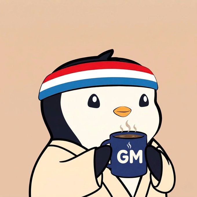 A cartoon illustration shows a penguin wearing a red, white, and blue headband, holding a blue mug labeled 'GM' with steam rising from it.