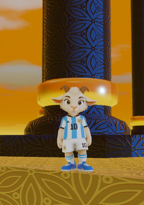 A 3D rendered cartoon goat mascot wearing an Argentina national football team jersey with the number 10, standing on a decorative gold platform in front of an ornate blue column.