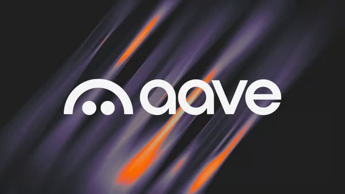The Aave logo appears in white lowercase lettering with its signature ghost icon against a dynamic background of purple and orange diagonal light streaks on black.
