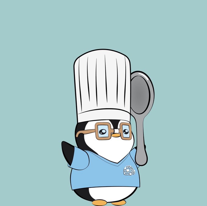 A cartoon penguin character wearing glasses, a tall white chef's hat, a blue shirt with a small logo, and holding a large spoon, set against a light blue background.