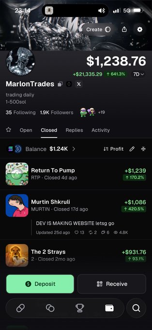 A mobile screenshot of a trading application displays a balance of '$1,238.76' for user 'MarionTrades', listing closed positions with positive returns including 'Return To Pump' and 'Murtin Shkrrull'.