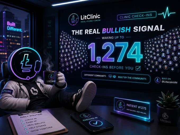 A promotional image for 'LitClinic' displaying 'THE REAL BULLISH SIGNAL' with a count of '1,274 CHECK-INS BEFORE YOU' and featuring a futuristic character with a neon LitCoin helmet holding a branded mug.