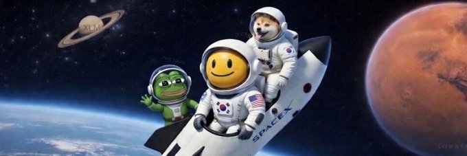 A SpaceX-themed digital artwork features a smiley-face astronaut, a Pepe the Frog character, and a Shiba Inu dog floating on a rocket with a Saturn-like planet labeled 'KLM' in the background.