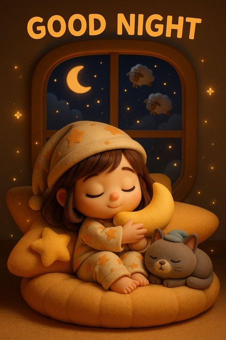 A cute cartoon illustration of a child in star-patterned pajamas sleeping on a yellow cushion while hugging a crescent moon pillow, with a sleeping gray cat nearby and "GOOD NIGHT" text above a starry window scene.