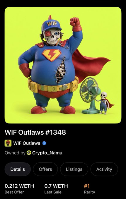 A digital NFT listing on a marketplace showing 'WIF Outlaws #1348' featuring a cartoon zombie superhero character in a blue suit with a red cape and 'WIF' cap, listed at 0.212 WETH best offer and 0.7 WETH last sale, owned by 'Crypto_Namu'.