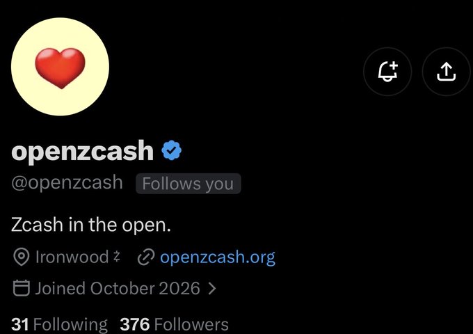 A Twitter/X profile page for 'openzcash' (@openzcash) with a verified blue checkmark, a red heart profile picture, the bio 'Zcash in the open.', location 'Ironwood', website openzcash.org, joined October 2026, 31 following and 376 followers.