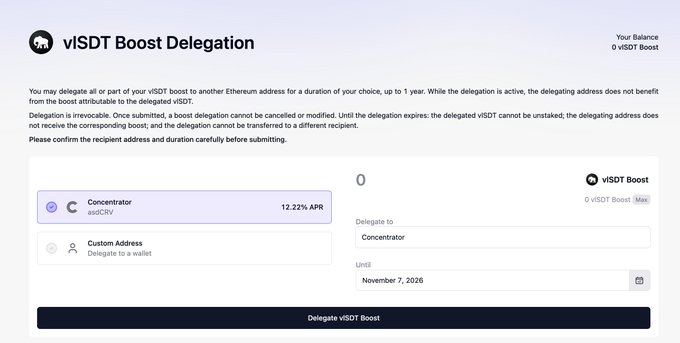 A viSDT Boost Delegation interface on EigenLayer showing a 0 viSDT Boost balance being delegated to the Concentrator (assCRV) address with 12.22% APR, set until November 7, 2026.
