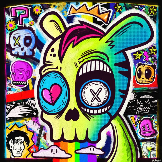 A vibrant graffiti-style painting features a green and blue skull with a crown, one heart-shaped eye and one X-shaped eye, surrounded by stars, cats, clouds, and the signature 'Murado' in the corner.
