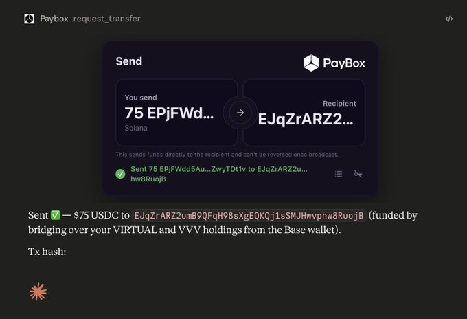 A Paybox transaction screenshot showing a successful $75 USDC transfer from 75 EPjFWd... to EJqZrARZ2... on the Solana network, with the accompanying caption criticizing the sender for allegedly scamming the Ulan community and then boasting about a meager $75 transaction.