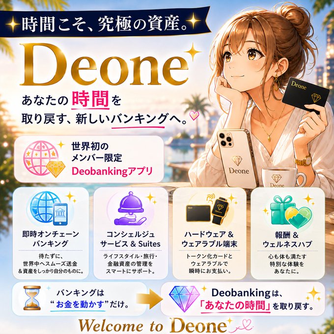 An anime-style advertisement for 'Deone' shows a brown-haired woman holding a black Deone card, with Japanese text promoting 'Deobanking' services including on-chain banking, concierge suites, and wearable terminals.