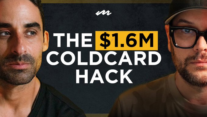 A YouTube thumbnail featuring two men with the title 'THE $1.6M COLDCARD HACK' and a small 'mn' logo at the top.