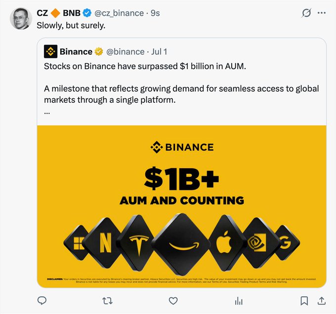 The image highlights a significant milestone achieved by Binance, where the total value of stocks has surpassed $1 billion AUM. This success is attributed to Binance's leadership in setting trends and its capital to guide users, as referenced in the accompanying post discussing the potential trend after Perp Dex. The image shows various logos, underscoring the diverse portfolio driving this milestone.