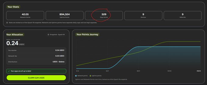 A dark-themed dashboard displaying 'Your Stats' with metrics including 42.05 Network Points, 894,324 Uptime Points, and 329 Days Active circled in red, alongside a 'Your Allocation' section and a 'Your Points Journey' line graph.