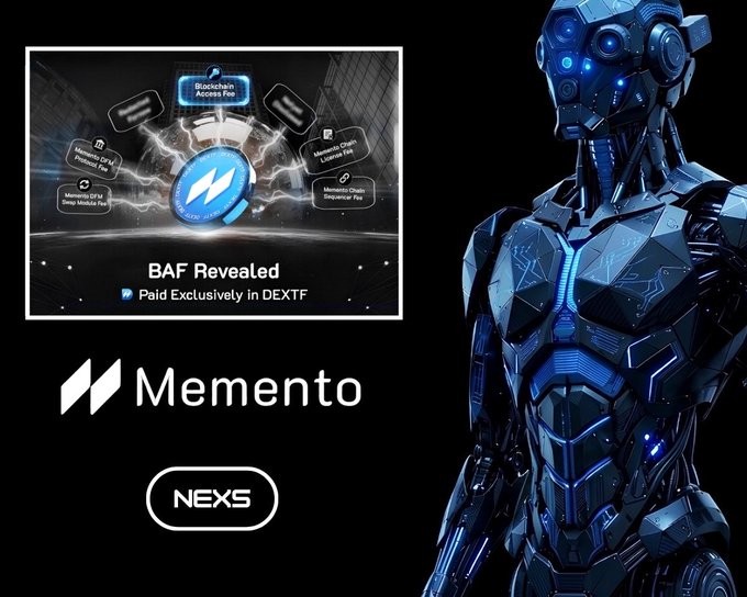 A promotional graphic for 'Memento' showing a futuristic blue robot on the right and a diagram on the left labeled 'BAF Revealed - Paid Exclusively in DEXTF' with the Memento and NEXS logos.