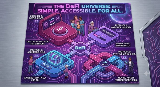 An isometric-style digital illustration titled 'THE DeFi UNIVERSE: SIMPLE. ACCESSIBLE. FOR ALL.' depicting four protocols: Protocol A (Simple Swaps), Protocol B (One-Click Liquidity), Protocol C (Accessible Yield), and Protocol D (Intuitive Cross-Chain).