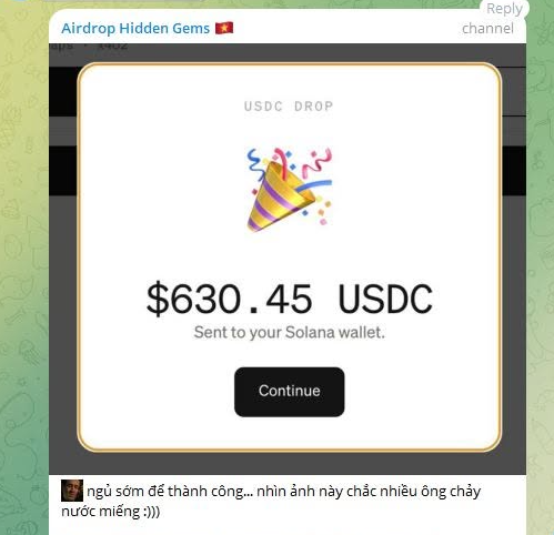 A screenshot from the 'Airdrop Hidden Gems' channel showing a USDC Drop pop-up that has sent $630.45 USDC to a Solana wallet, with a 'Continue' button and a Vietnamese comment below.