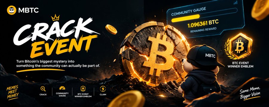 A promotional graphic for MBTC's "Crack Event" features a cracked Bitcoin monument and a community gauge showing 1.096361 BTC remaining reward, alongside a "BTC EVENT WINNER EMBLEM" badge and a tagline reading "Memes Meet Money." The imagery visualizes the tweet's theme of Satoshi's mysterious 1,096,361 BTC holdings being transformed into an interactive community experience through the @1096361BTC project.