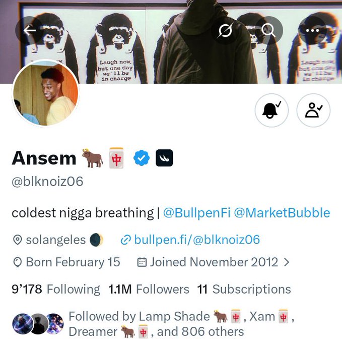 A Twitter/X profile page for user "Ansem" (@blknoiz06) with 1.1M followers, featuring the bio "coldest nigga breathing" and a location tag for solangeles.