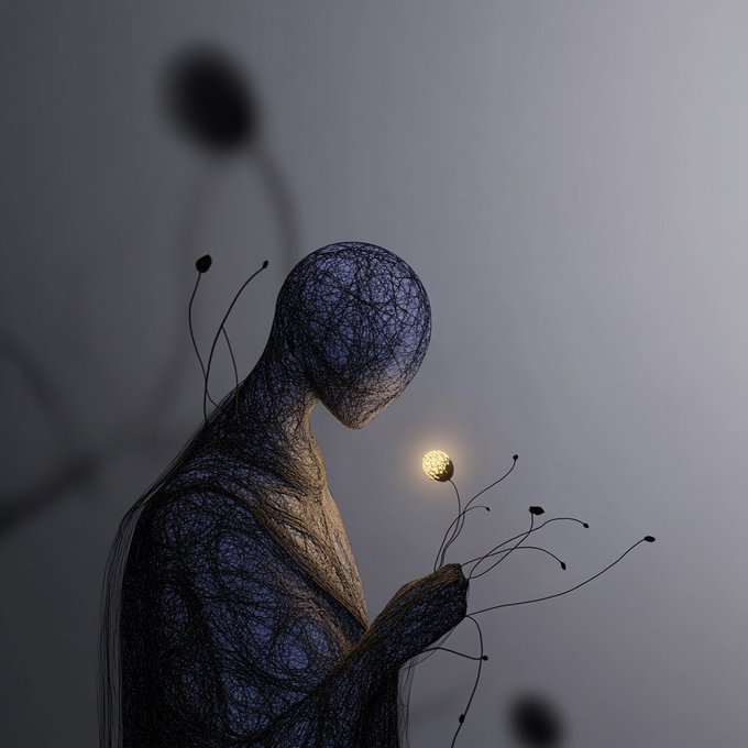 A dark, surreal artistic rendering of a wire mesh humanoid figure in a contemplative pose holding a glowing yellow sphere.