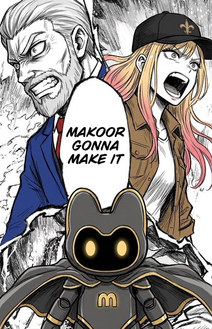 A manga panel shows two shocked characters above a dark robotic figure with glowing yellow eyes, with a speech bubble reading 'MAKOOR GONNA MAKE IT'.