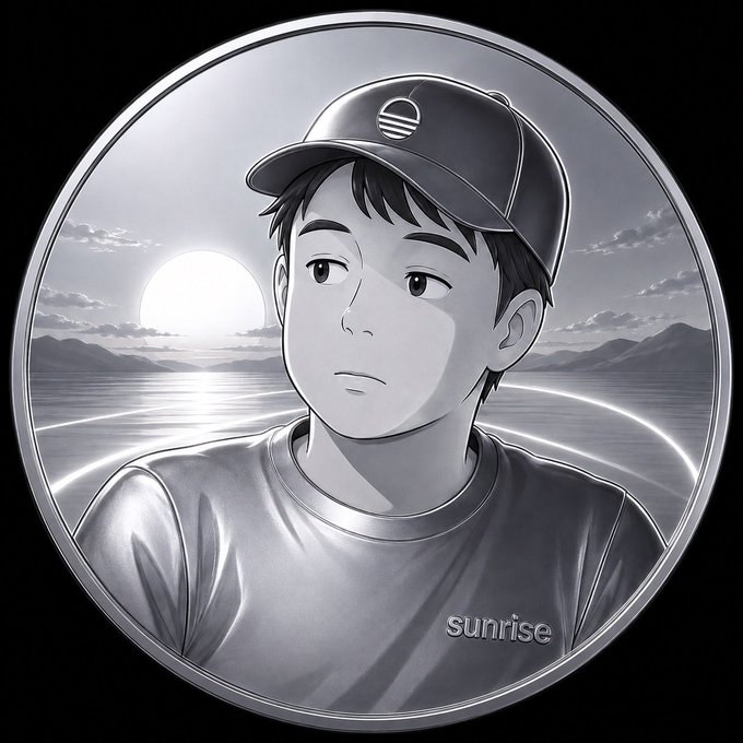 A silver coin-style digital artwork featuring an anime-style young man wearing a baseball cap and a t-shirt with the word 'sunrise', set against a serene landscape with a setting sun.