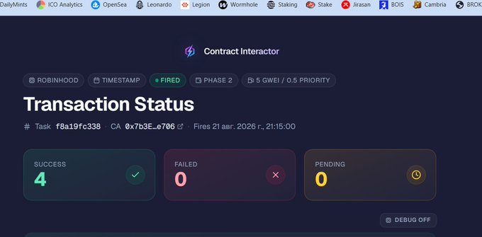 A 'Contract Interactor' transaction status dashboard showing 4 successful, 0 failed, and 0 pending transactions on the Robinhood network for task #8a19fc338.