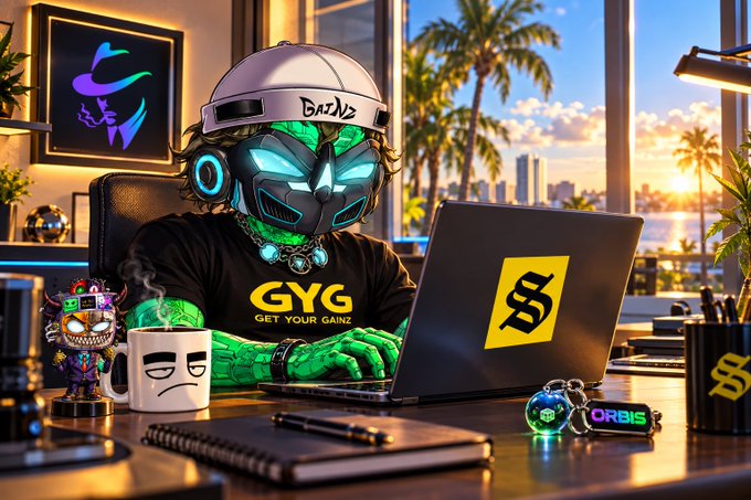 A stylized, cartoonish illustration of a green-skinned, masked character wearing a backward cap that says "BAZLS" and a black t-shirt reading "GYG GET YOUR GAINZ," working at a laptop with a yellow "S" logo, with an "ORBIS" branded keychain nearby.