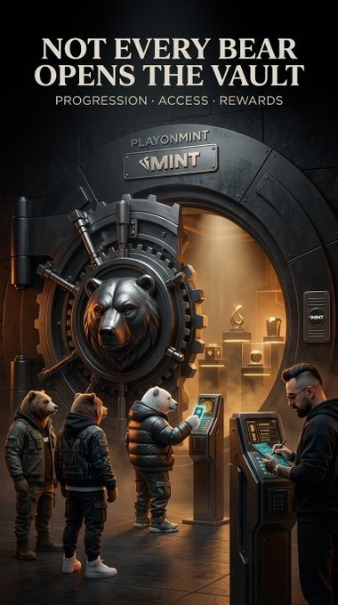 A promotional image featuring the text 'NOT EVERY BEAR OPENS THE VAULT' and 'PROGRESSION · ACCESS · REWARDS' above a scene of bear-like figures at a vault entrance with 'PLAYONMINT' and 'MINT' visible.