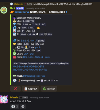 A Discord screenshot shows Rick sharing details for a Solana token called "EMBER" (contract 2...EM), which displayed a 2.8M (69.7%) gain within 2 hours. Warsix then comments "aped this at 2.5m," referencing how they entered the trade early during its meteoric rise from $1.5m to $45m market cap.