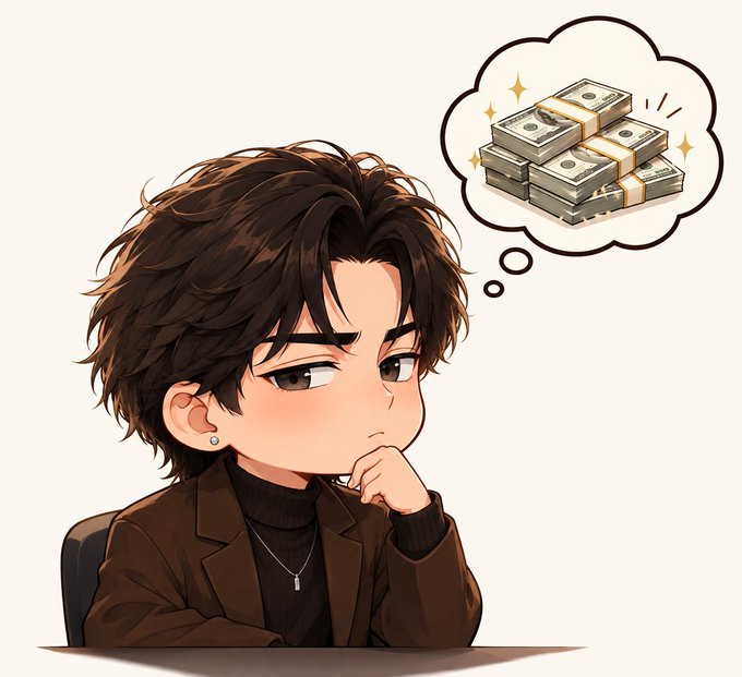An anime-style illustration of a young man with messy brown hair resting his chin on his hand, with a thought bubble showing stacks of dollar bills.