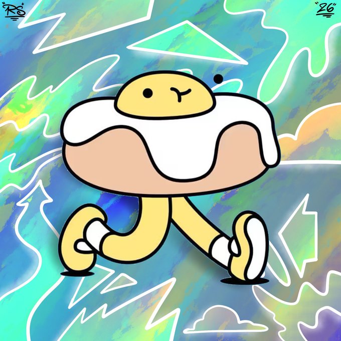 Cartoon illustration of a yellow character wearing a donut costume walking against a colorful geometric background, signed 'RD '26'.