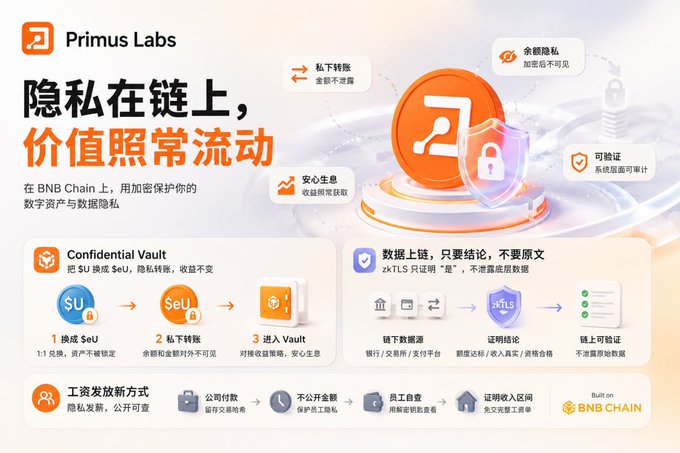 A promotional graphic for "Primus Labs" highlights its privacy-focused blockchain solutions on BNB Chain, with the Chinese headline "隐私在链上，价值照常流动" (Privacy on-chain, value flows as usual), illustrating features like confidential vaults, encrypted transactions, zkTLS data verification, and private payroll releases. The image directly relates to the post's theme by showcasing tools designed to address the awkwardness of transparent blockchains, where large transactions become easy to track and snoop on, offering features like "Confidential Vault" (converting $U to $eU) and "zkTLS" to protect sensitive data while keeping blockchain benefits intact.