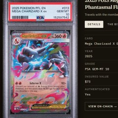 A PSA 10 graded 2020 Pokemon Japanese M1S Mega Charizard X holographic card (#013), showing the card slab alongside its digital auction listing details.