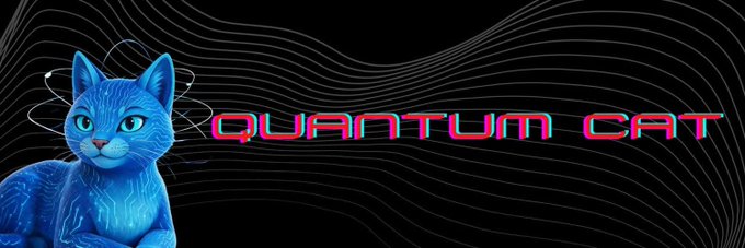A blue digital cat with glowing cyan circuitry and a planetary ring around its head sits beside the stylized pink "QUANTUM CAT" text on a black background with flowing wave patterns, serving as the logo for the $QC token mentioned in the post.
