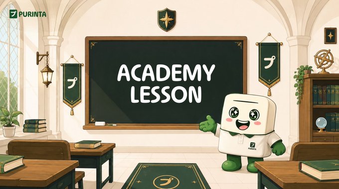 An animated classroom scene featuring a mascot character pointing to a chalkboard that reads 'ACADEMY LESSON' with 'PURINTA' branding.