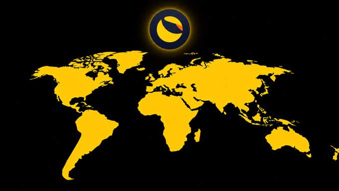 A stylized yellow world map on a black background with a glowing yellow and blue circular logo at the top center.