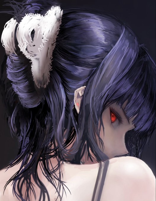An anime-style digital illustration of a girl with long dark purple hair, viewed from behind, looking over her shoulder with a glowing red eye, and wearing white furry cat ears.