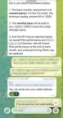 A chat interface displaying instructions for checking Pi Network (PI) KYC status, mining base migration to Pi4, and wallet setup, with a reply confirming no wallet address was sent.